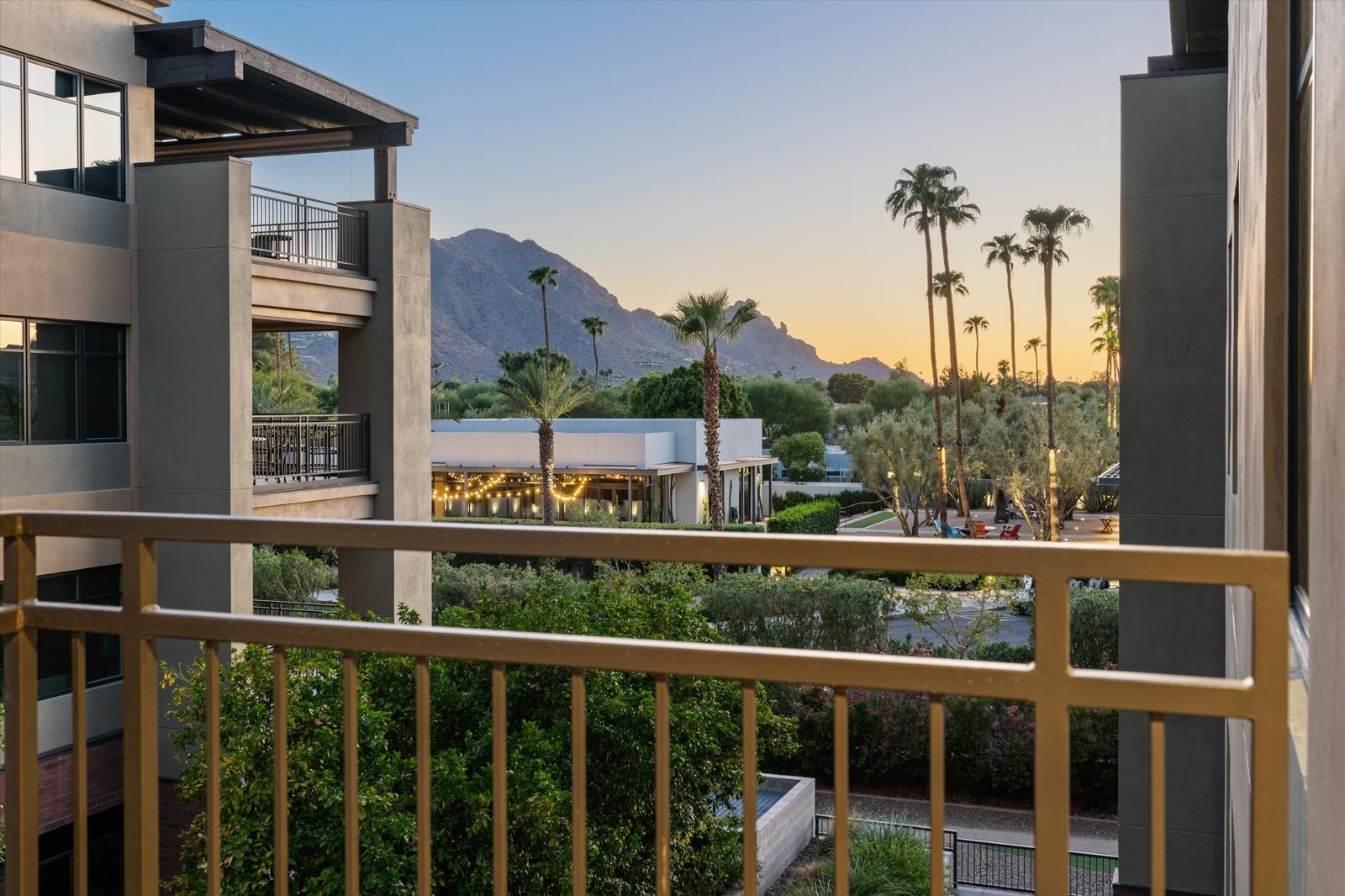 Condominium balcony view of Camelback Mountain at sunset